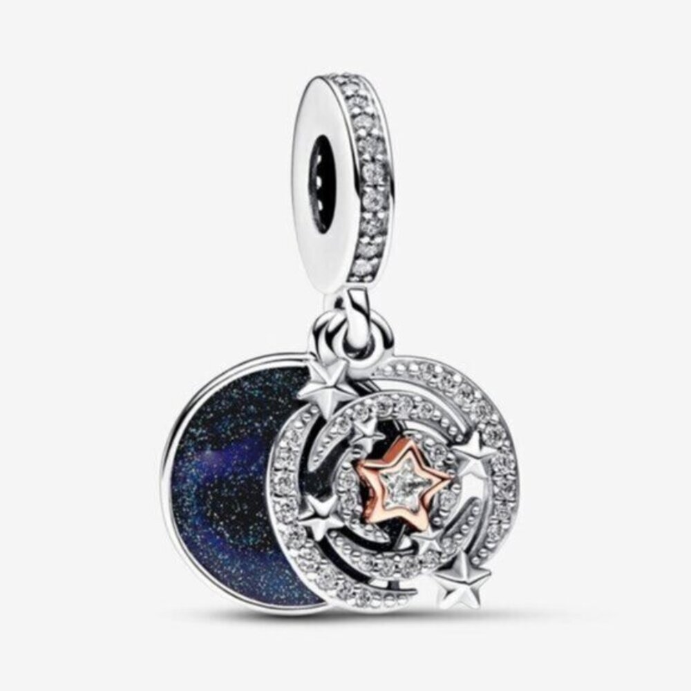 Pandora Silver and Rose Gold Starry Moon Dangle Charm with Blue Sparkle